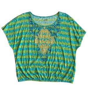 Green Blue Gold Style & Co Sport Cap Sleeve Shirt Top - Women's Large